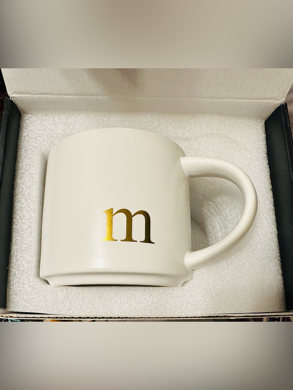 White Ceramic Mug with Gold 'm' Accent - Personalized Monogram Style